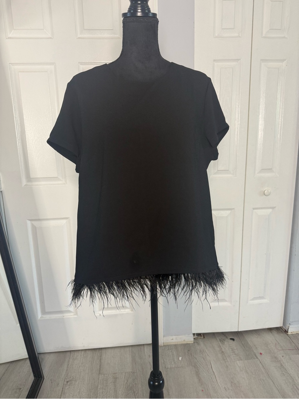 crown & ivy Black Short Sleeve Top with Feather Hem